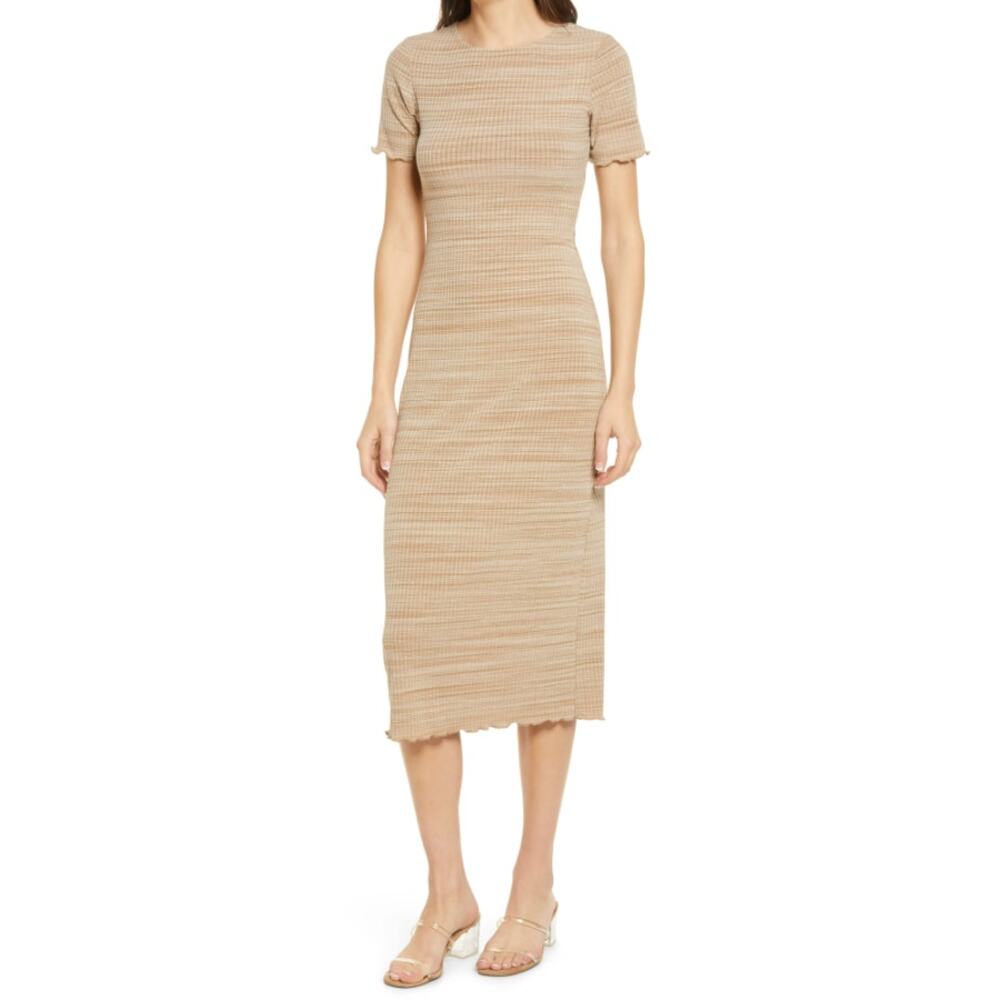 Reformation Perry Rib Midi Dress Bodycon Short Sleeve Toffee Tan Womens Size XS
